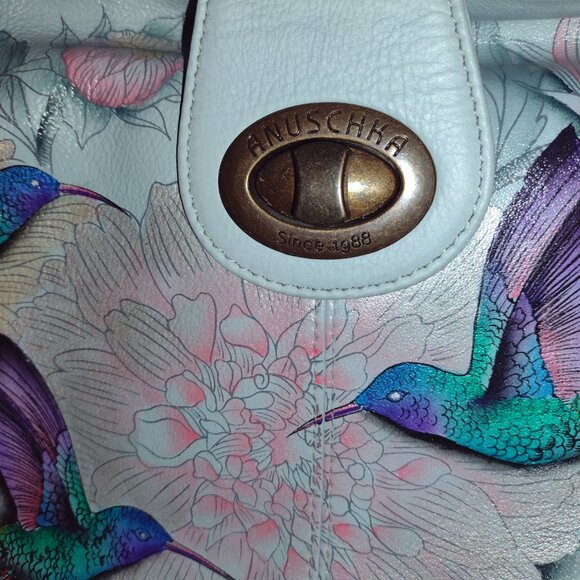 Anuschka Blue Leather Painted Hummingbird Shoulder Bag - Picture 6 of 7